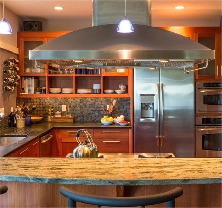 Breakfast Bar in Contemporary Upscale Home Kitchen Interior With Granite Countertops